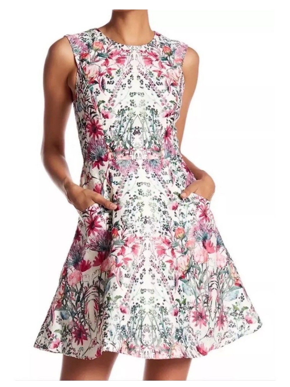 Ted Baker London Gaea Floral Bouquet Fit and Flare Dress Ivory Pink Green